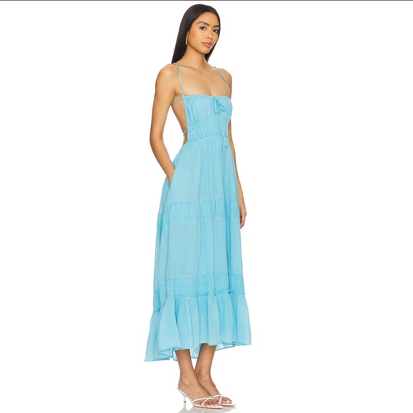 NEW FREE PEOPLE Splash AQUA Taking Sides TIERED Cotton OPEN BACK Maxi DRESS US M - Picture 5 of 16
